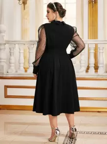 Modelyn Plus Dobby Mesh Sleeve Buckle Belted Dress - Black - View 2