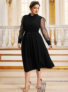 Modelyn Plus Dobby Mesh Sleeve Buckle Belted Dress - Black - View 3