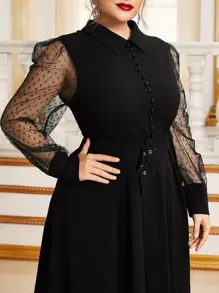 Modelyn Plus Dobby Mesh Sleeve Buckle Belted Dress - Black - View 4