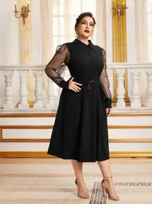 Modelyn Plus Dobby Mesh Sleeve Buckle Belted Dress - Black - View 5