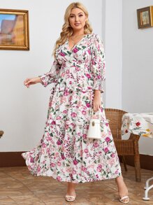 SHEIN Unity Plus Allover Floral Print Surplice Neck Shirred Detail Dress - Multicolor - View 1