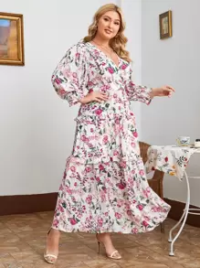 SHEIN Unity Plus Allover Floral Print Surplice Neck Shirred Detail Dress - Multicolor - View 5