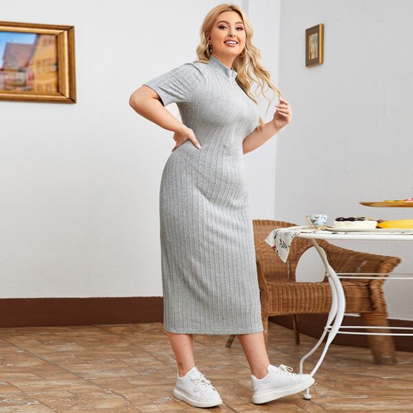 

Plus Mock Neck Cable Knit Half Placket Dress, Light grey