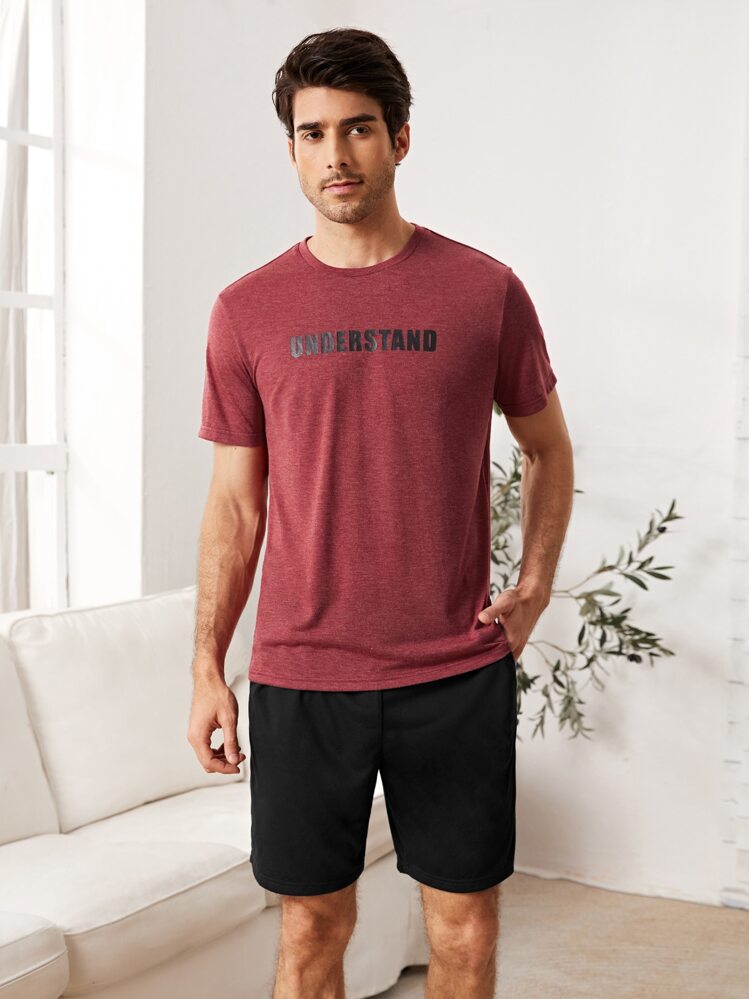 SHEIN Men Letter Graphic Marled Knit Tee & Shorts PJ Set - Multicolor - View 1