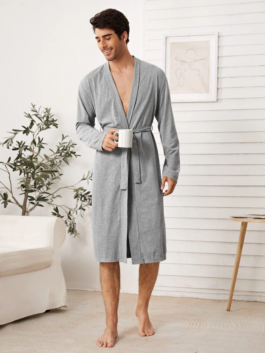 SHEIN Men Shawl Collar Self Belted Bathrobe - Grey - View 1