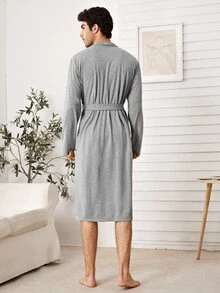 SHEIN Men Shawl Collar Self Belted Bathrobe - Grey - View 2