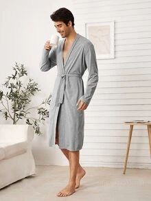 SHEIN Men Shawl Collar Self Belted Bathrobe - Grey - View 3