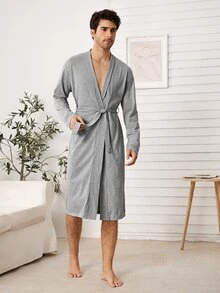 SHEIN Men Shawl Collar Self Belted Bathrobe - Grey - View 4