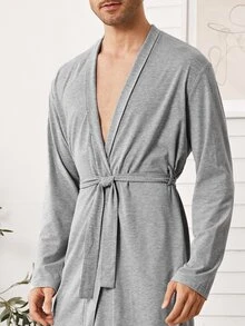 SHEIN Men Shawl Collar Self Belted Bathrobe - Grey - View 5