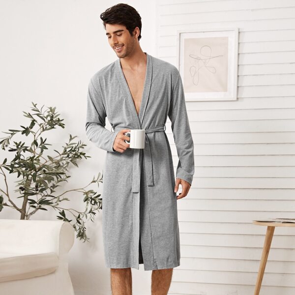 

Men Shawl Collar Self Belted Robe, Grey