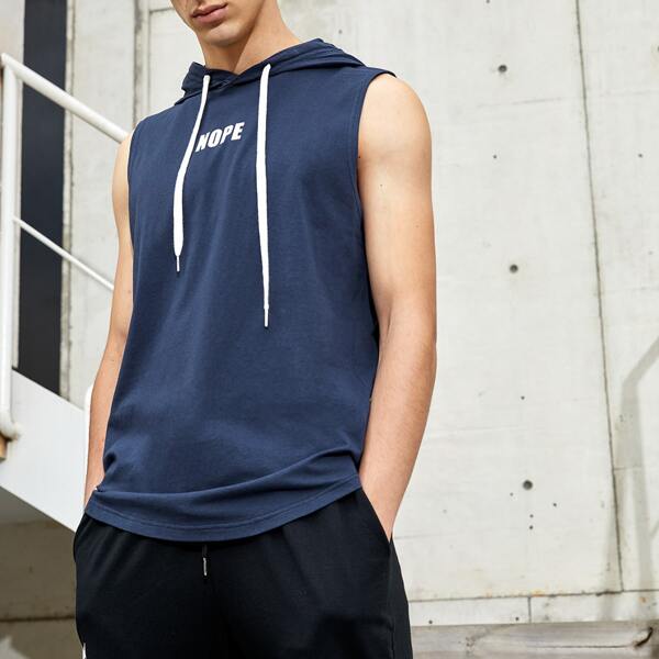 

Men Letter Graphic Hooded Tank Top, Navy blue