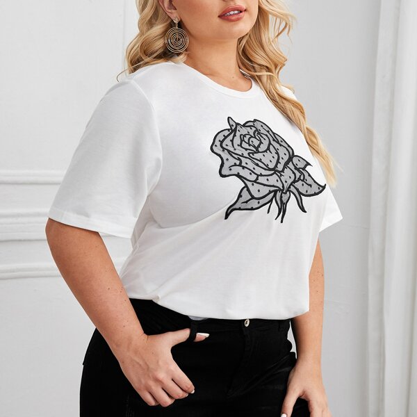 

Plus Swiss Dot Mesh Floral Embroidery Top, White