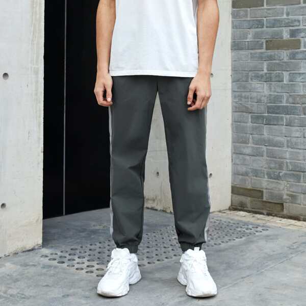 

Men Contrast Sideseam Drawstring Pants, Dark grey
