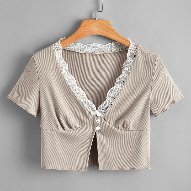 

Contrast Lace Button Crop Tee, Mocha brown
