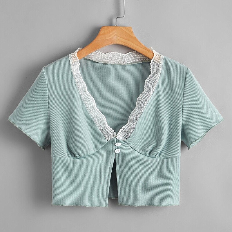 

Contrast Lace Button Crop Tee, Cadet blue