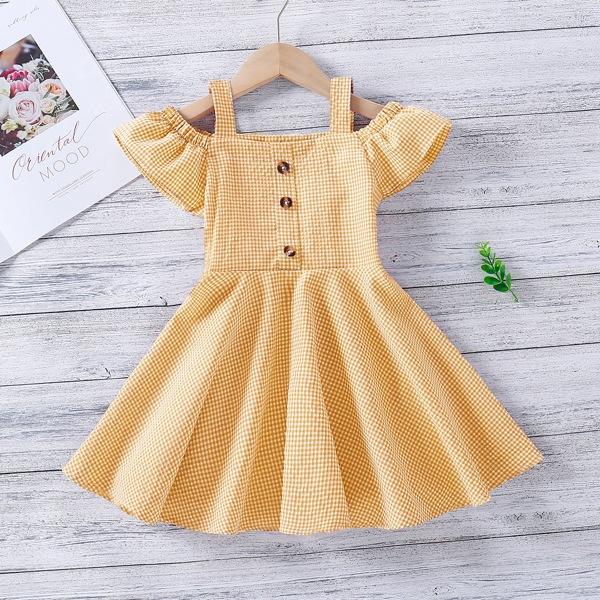 

Toddler Girls Button Half Cold Shoulder Gingham Dress, Mustard yellow