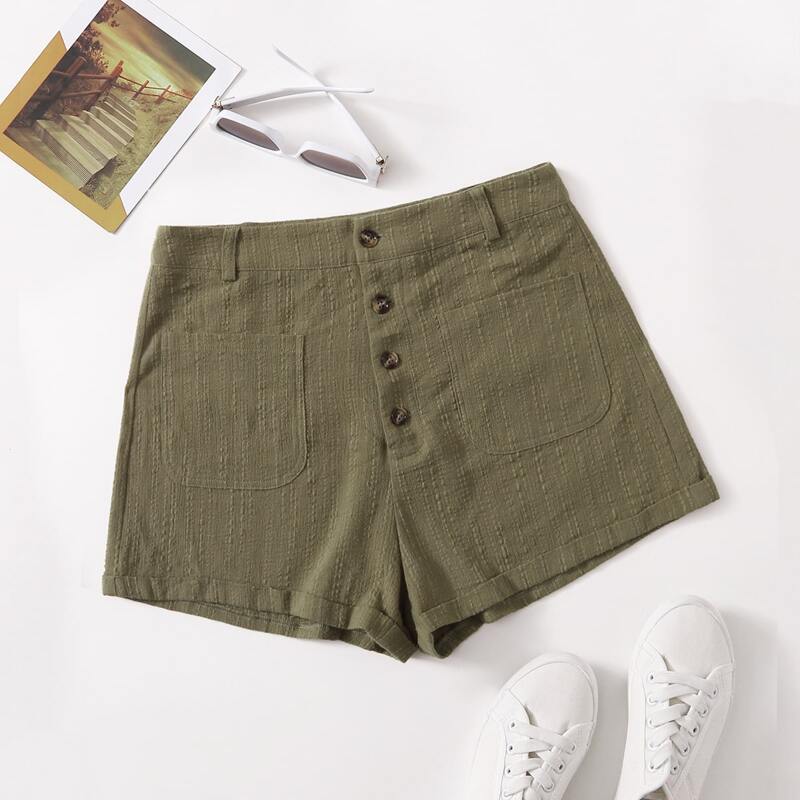 

Button Fly Patch Pocket Shorts, Army green