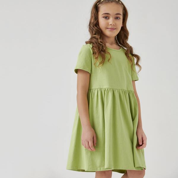 

Girls Round Neck Smock Dress, Lime green