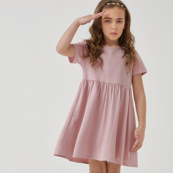

Girls Round Neck Smock Dress, Baby pink