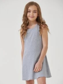 SHEIN Girls Cotton Round Neck Rib-knit Tank Dress - Light Grey - View 1