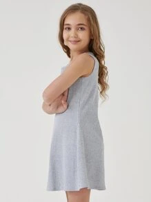 SHEIN Girls Cotton Round Neck Rib-knit Tank Dress - Light Grey - View 3