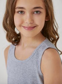 SHEIN Girls Cotton Round Neck Rib-knit Tank Dress - Light Grey - View 5