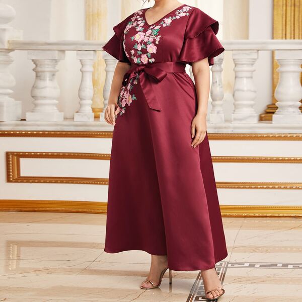 

Plus Flounce Sleeve Belted Floral Print Prom Dress, Burgundy