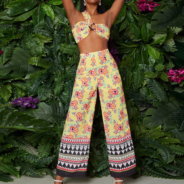 

One Shoulder O-ring Detail Floral Top & Wide Leg Pants Set, Multicolor