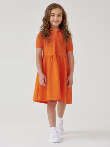 SHEIN Girls 100% Cotton Neon Orange Half Button Placket Smock Dress - Orange - View 1