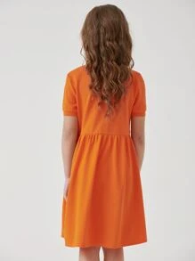 SHEIN Girls 100% Cotton Neon Orange Half Button Placket Smock Dress - Orange - View 2