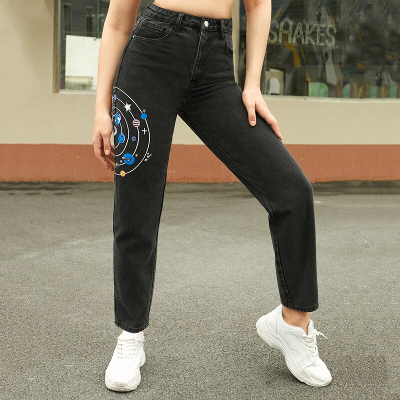 

High Waist Planet Print Jeans, Black