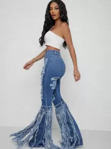 SHEIN SXY 曲線破洞流蘇邊傘狀腿牛仔褲 - 中等水洗藍 - 查看 6