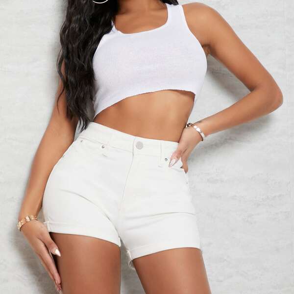 

Curvy High Waist Denim Shorts, White