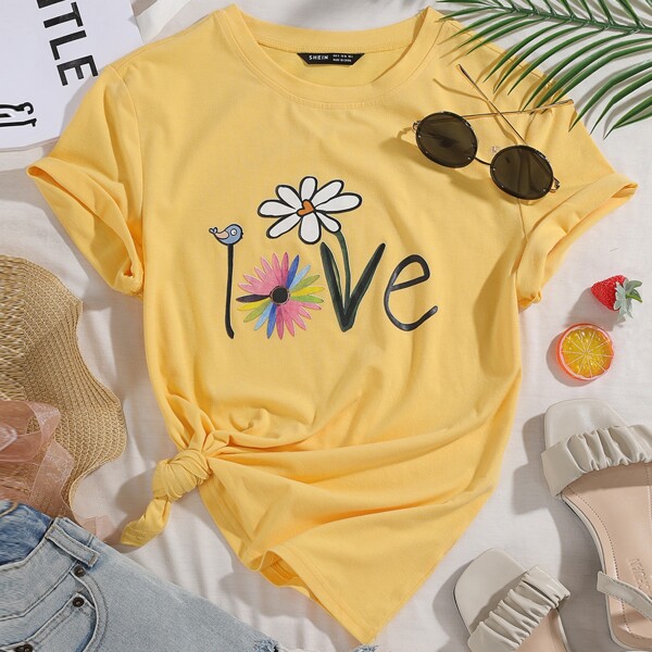 

Floral & Letter Graphic Tee, Yellow