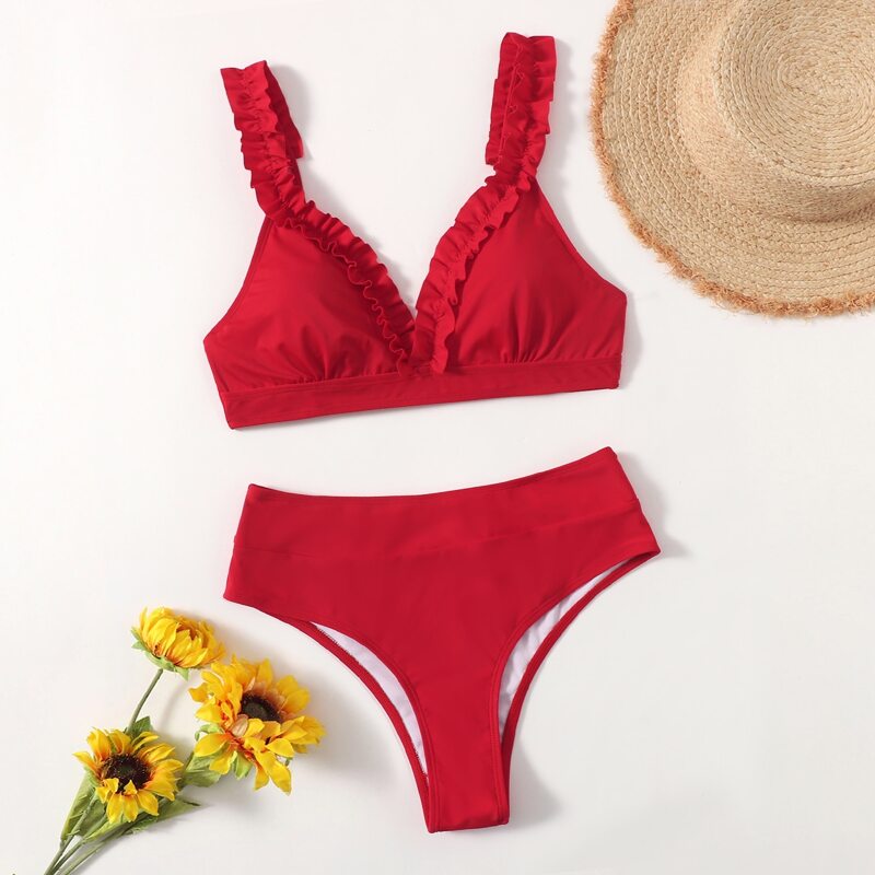 

Solid Frill Bikini Swimsuit, Red