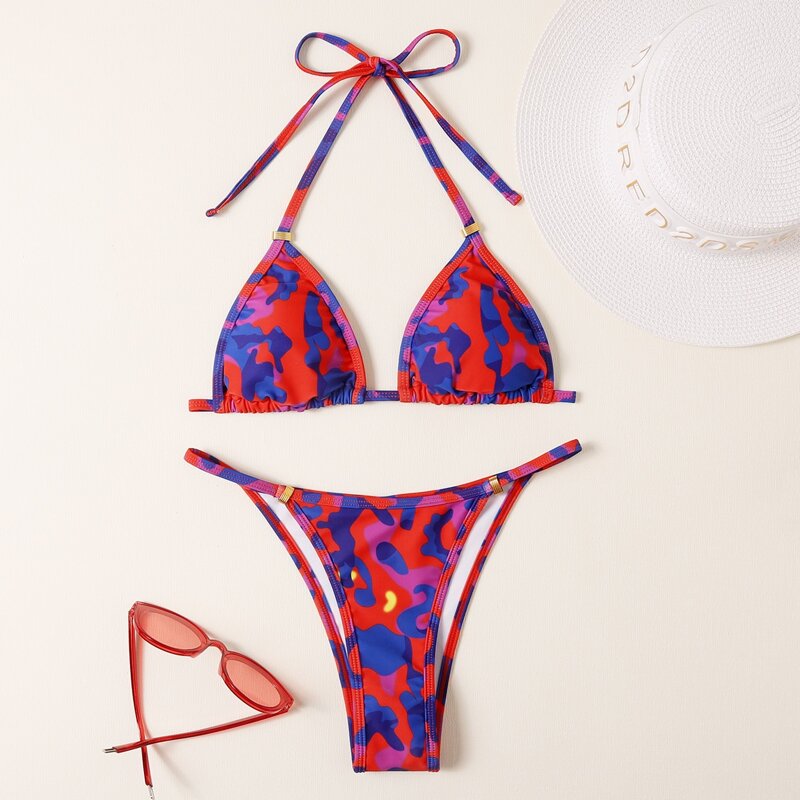 

Allover Print Triangle Thong Bikini Swimsuit, Multicolor