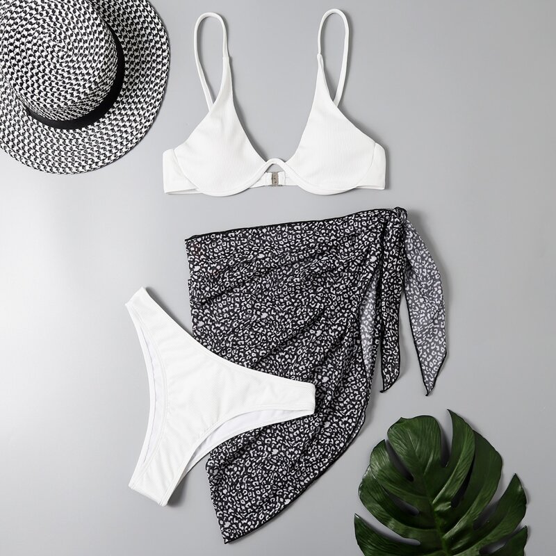 

3pack Solid Push Up Bikini Swimsuit & Leopard Beach Skirt, Black and white
