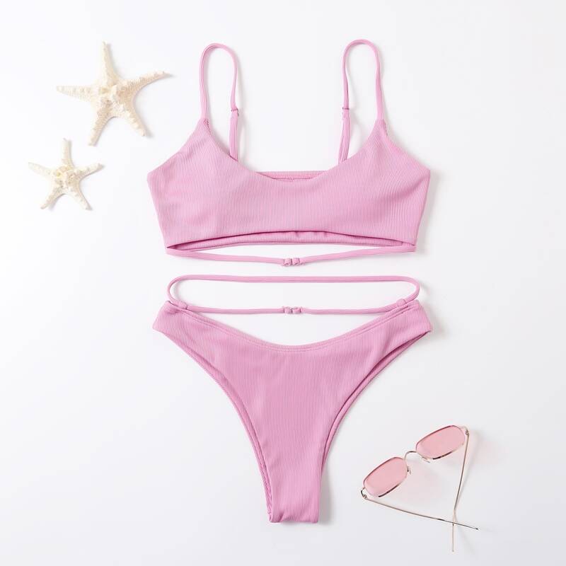 

Solid Cut Out High Cut Bikini Swimsuit, Baby pink