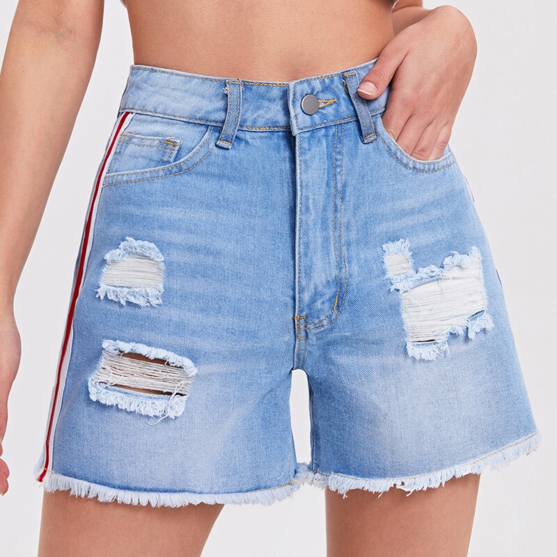 

Side Striped Raw Hem Denim Shorts, Light wash