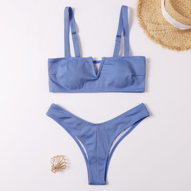 

Solid V Wired High Cut Bikini Swimsuit, Blue