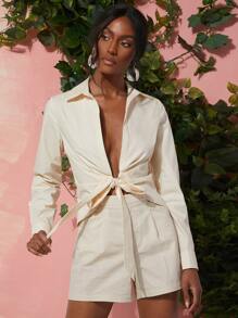 SHEIN Top Sólido Con Lazo En La Parte Delantera - Beis - Ver 5