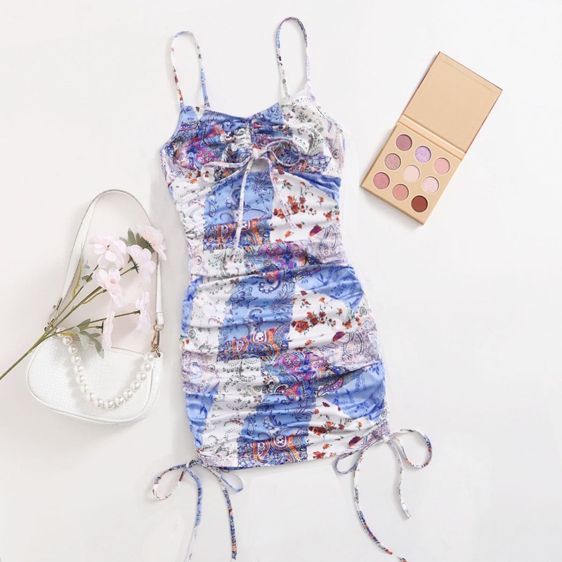 

Drawstring Ruched Detail Patchwork Print Dress, Multicolor
