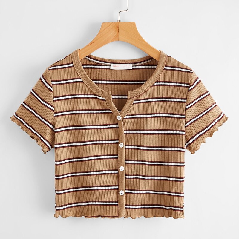 

Striped Button Front Lettuce Trim Tee, Multicolor