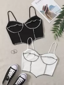 Muchica 2 gói áo crop cami khâu tương phản - Đen và trắng - Xem 1