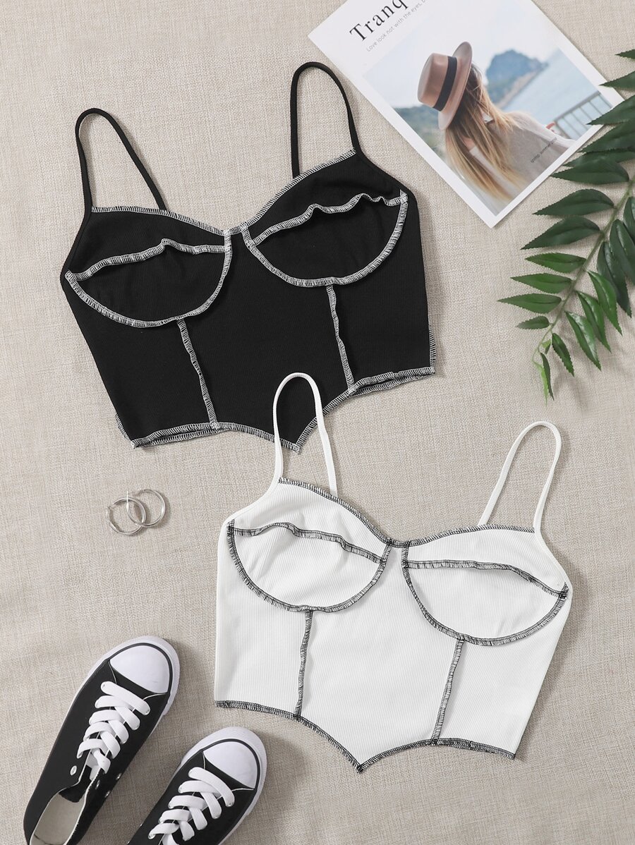 Muchica 2 gói áo crop cami khâu tương phản - Đen và trắng - Xem 1
