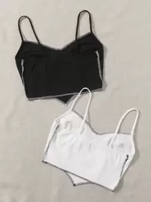 Muchica 2 gói áo crop cami khâu tương phản - Đen và trắng - Xem 2