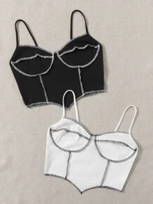 Muchica 2 gói áo crop cami khâu tương phản - Đen và trắng - Xem 3