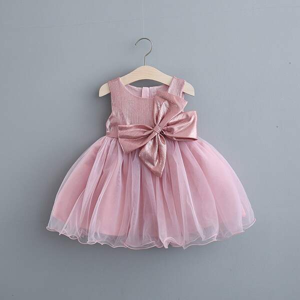 

Toddler Girls Big Bow Mesh Panel Dress, Baby pink