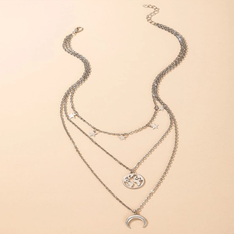 

Moon & Star Design Layered Necklace, Silver