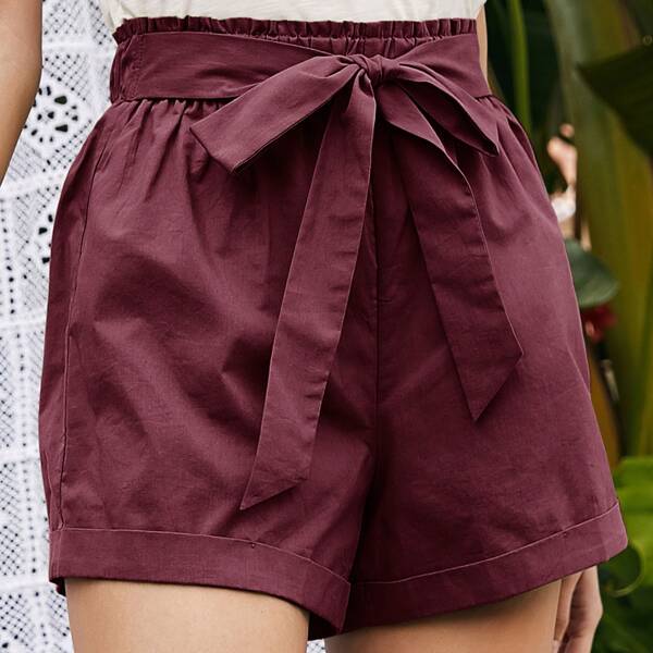 

Tie Front Rolled Hem Shorts, Maroon
